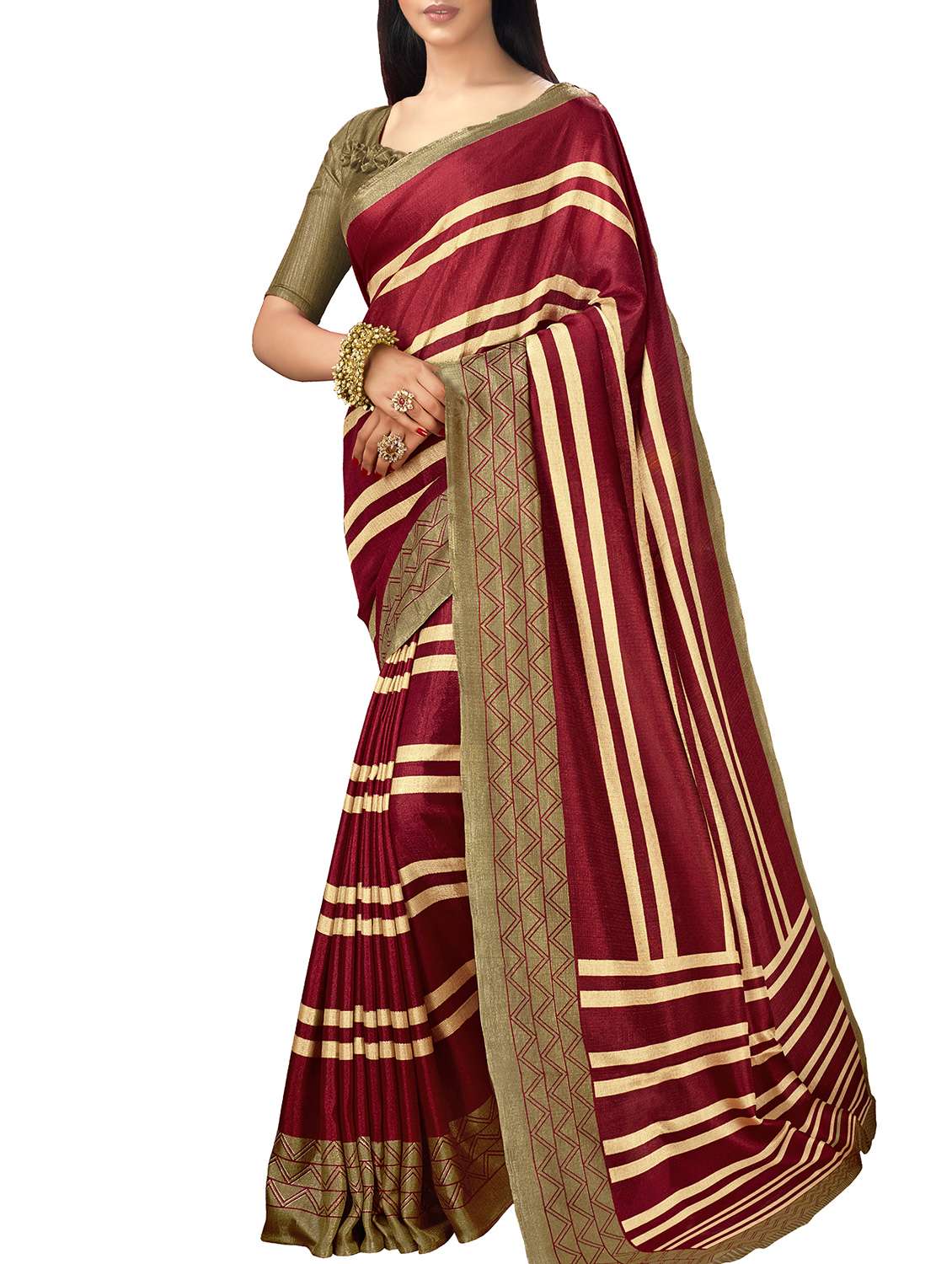 striped maroon printed saree with blouse