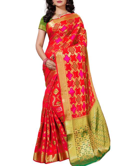 floral zari motif red banarasi saree with blouse - 15969689 -  Standard Image - 0