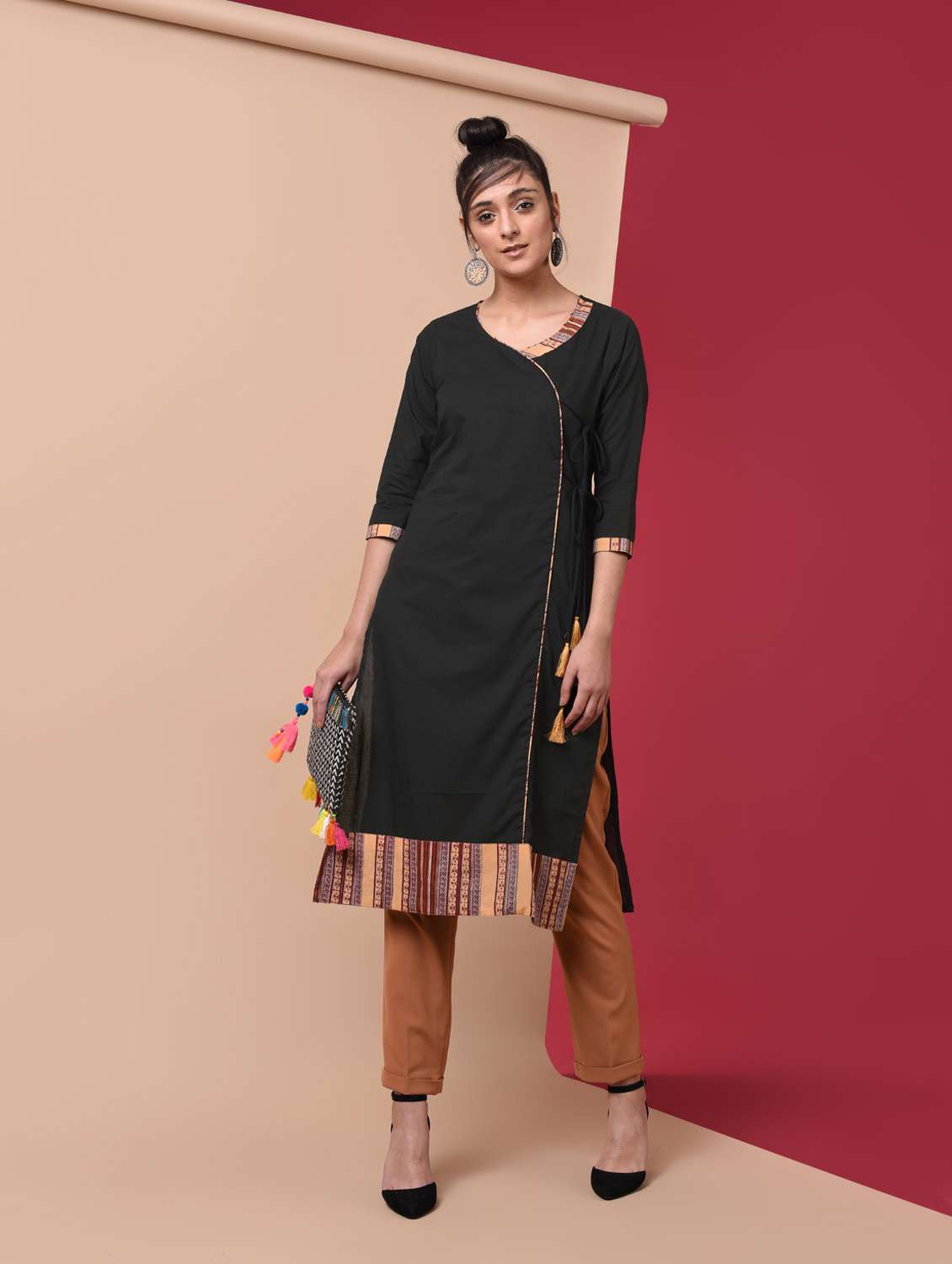 solid angrakha kurta with tassels