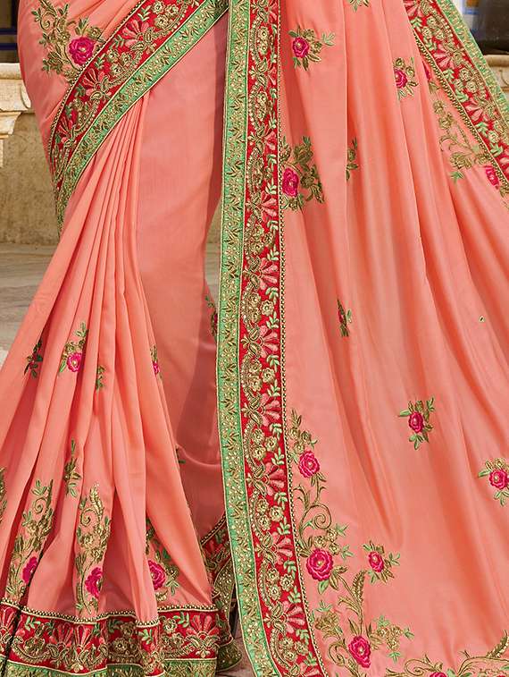 Floral Peach Embroidered Saree With Blouse