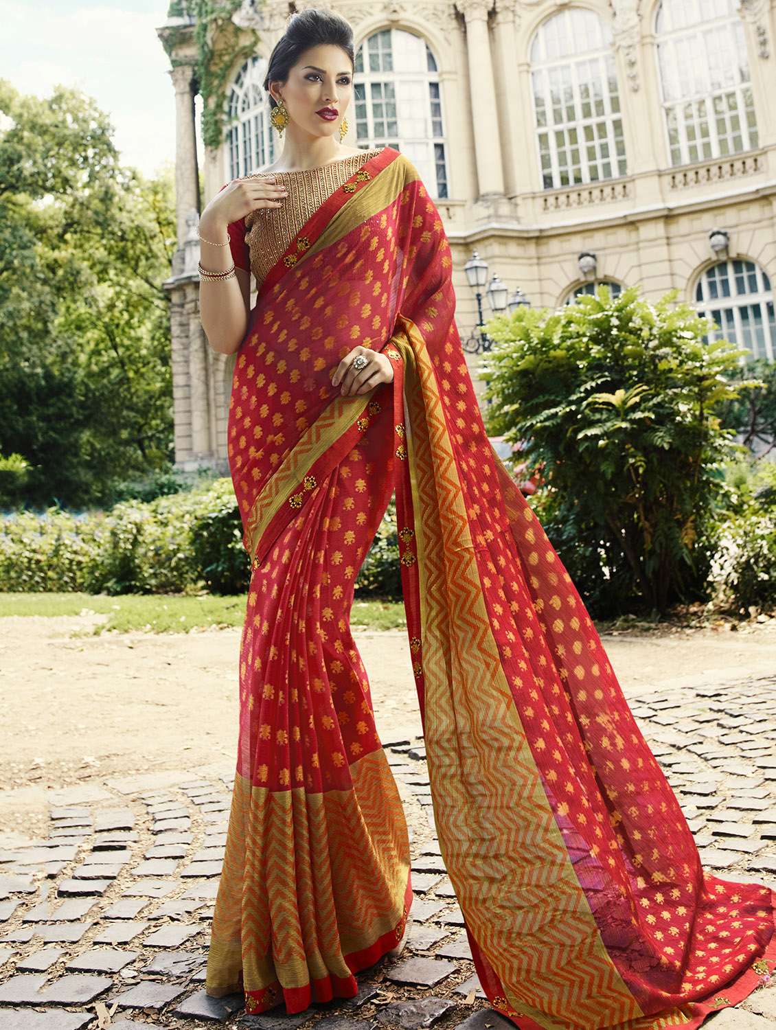 brasso red printed saree with blouse
