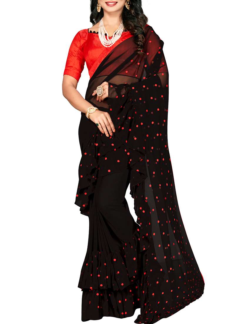 polka dots ruffle border black saree with blouse