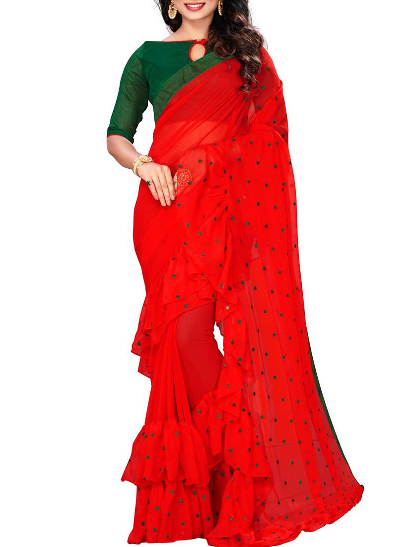 polka dots ruffle border red saree with blouse