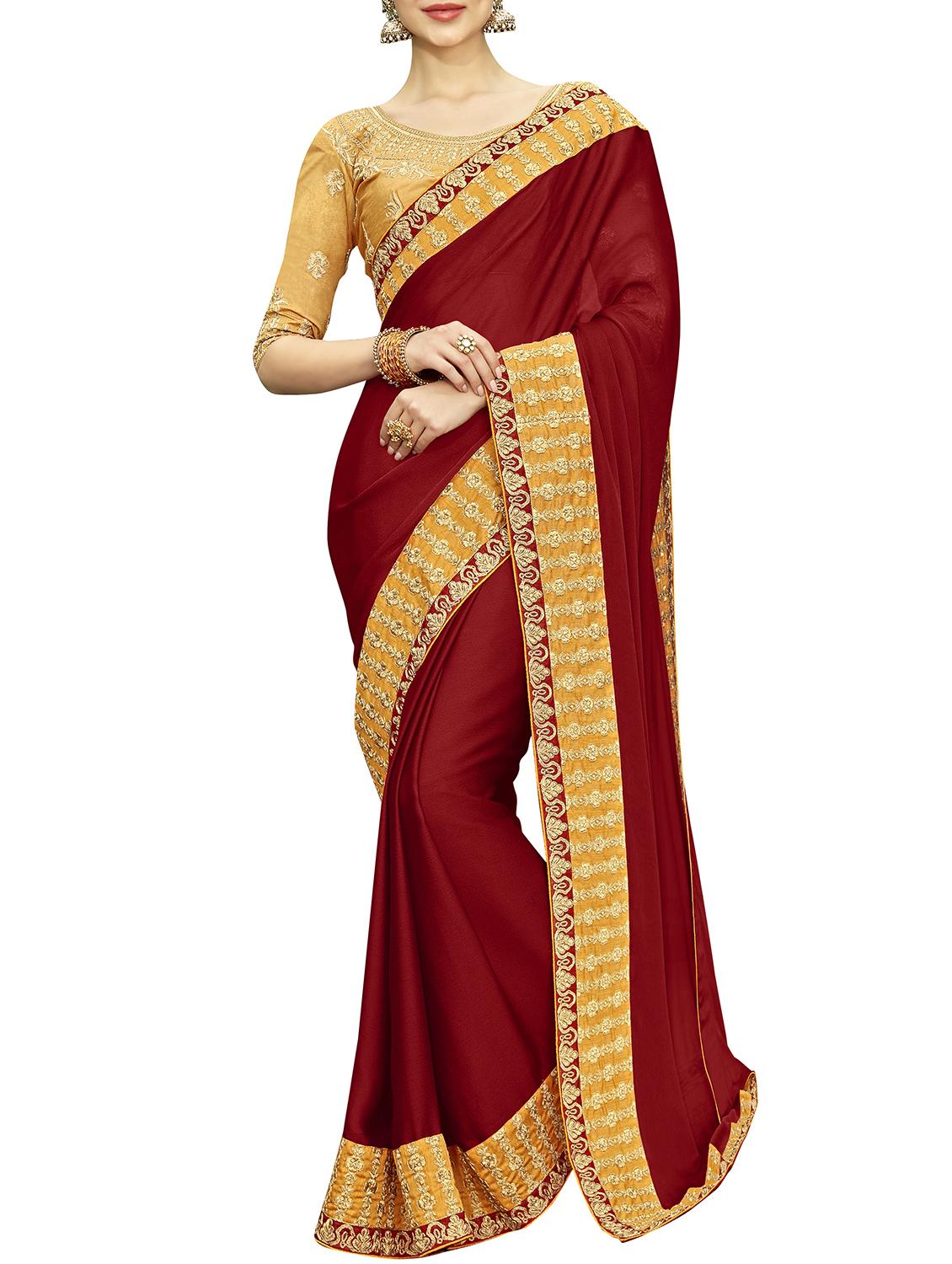 embroidered border maroon chanderi saree with blouse - 15979596 -  Zoom Image - 0