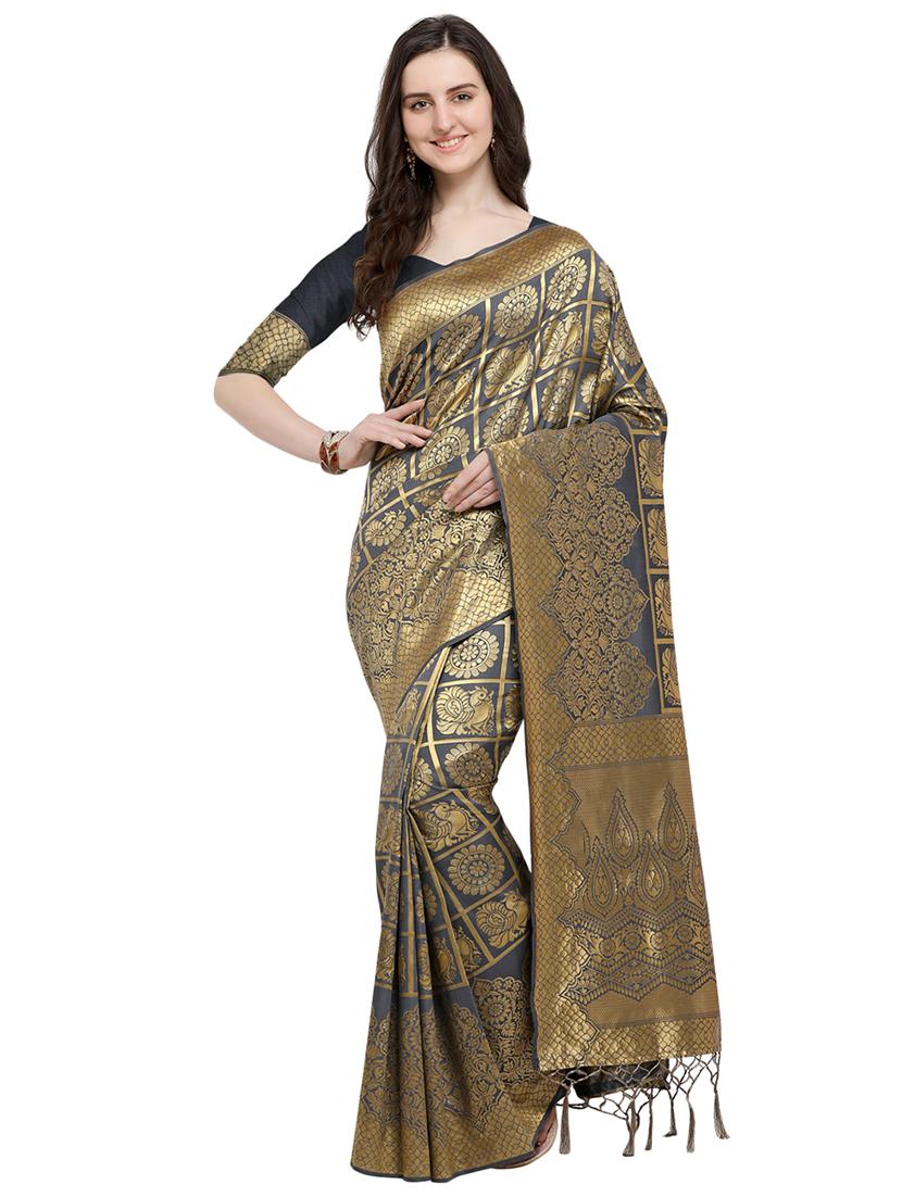 conversational zari motif grey banarasi saree with blouse - 15984926 - Zoom Image - 0