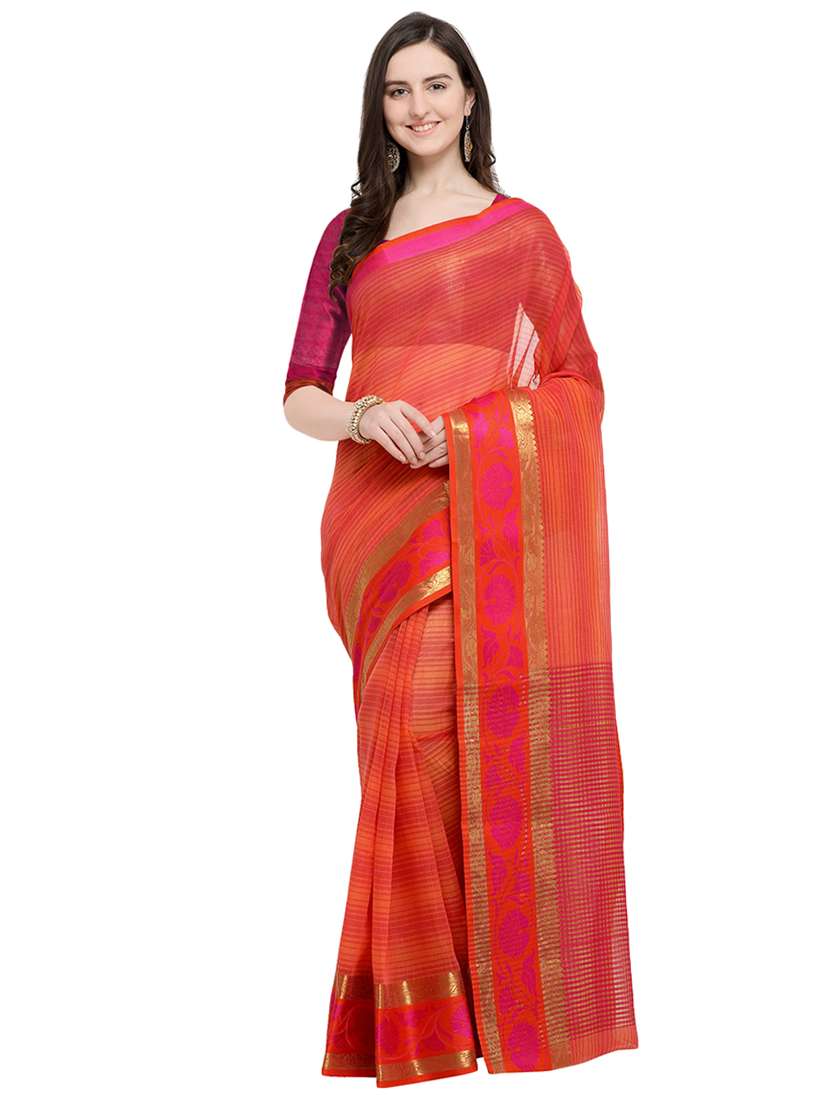 striped zari motifs orange banarasi saree with blouse - 15984933 -  Zoom Image - 0
