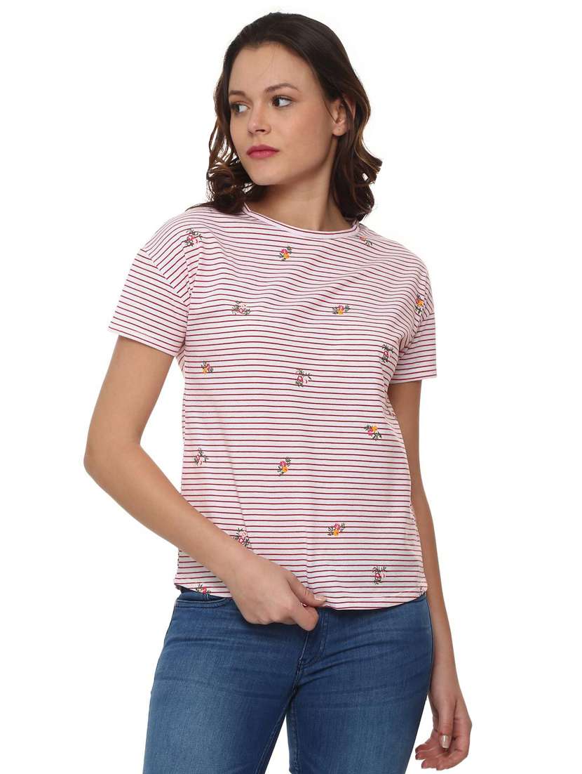 dropped shoulder striped embroidered tee