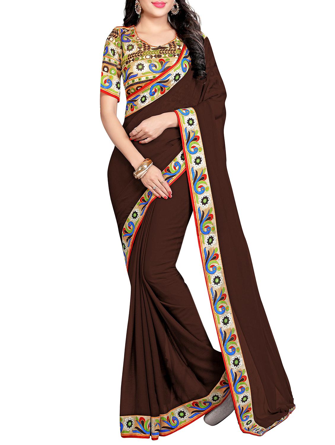 contrast border brown saree with blouse - 15988559 -  Zoom Image - 0