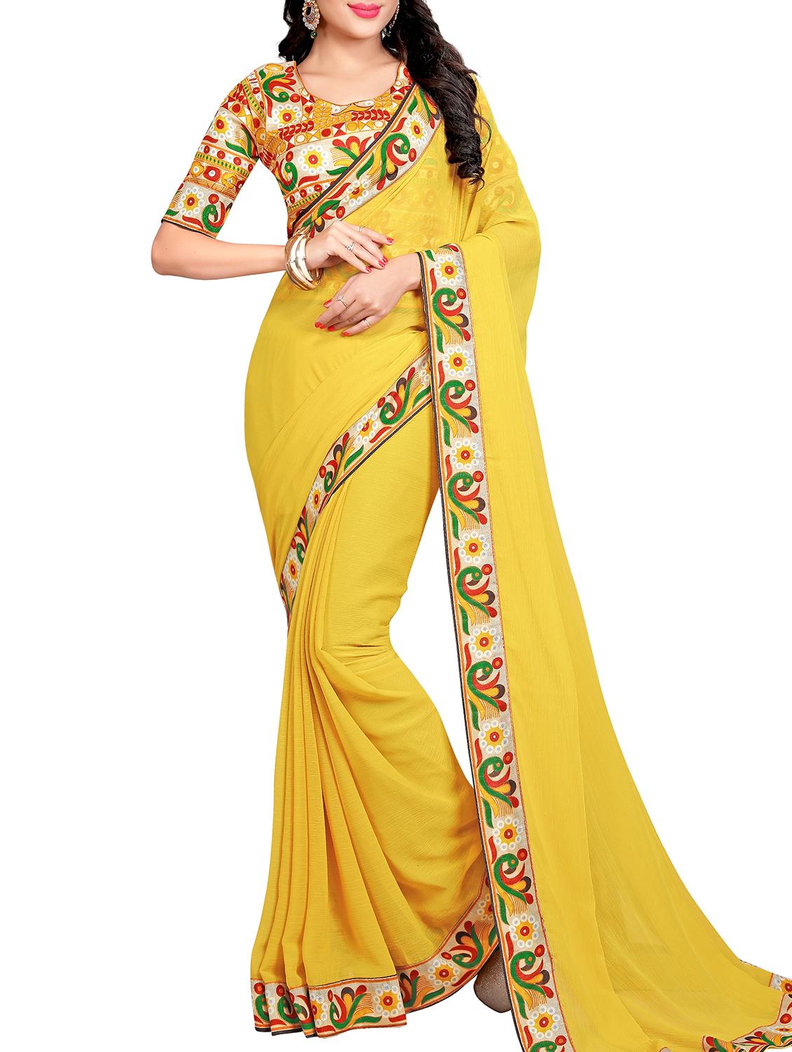 contrast border yellow saree with blouse - 15988563 -  Zoom Image - 0