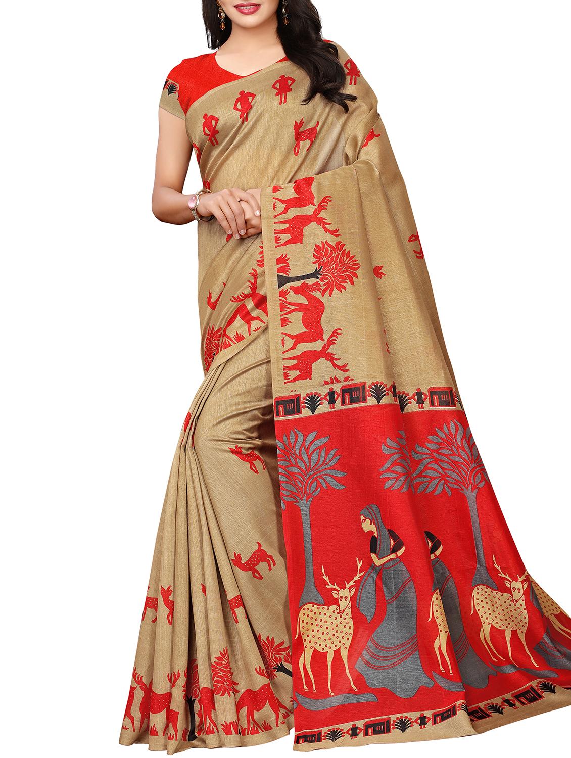 kalamkari beige printed saree with blouse - 15988568 - Zoom Image - 0
