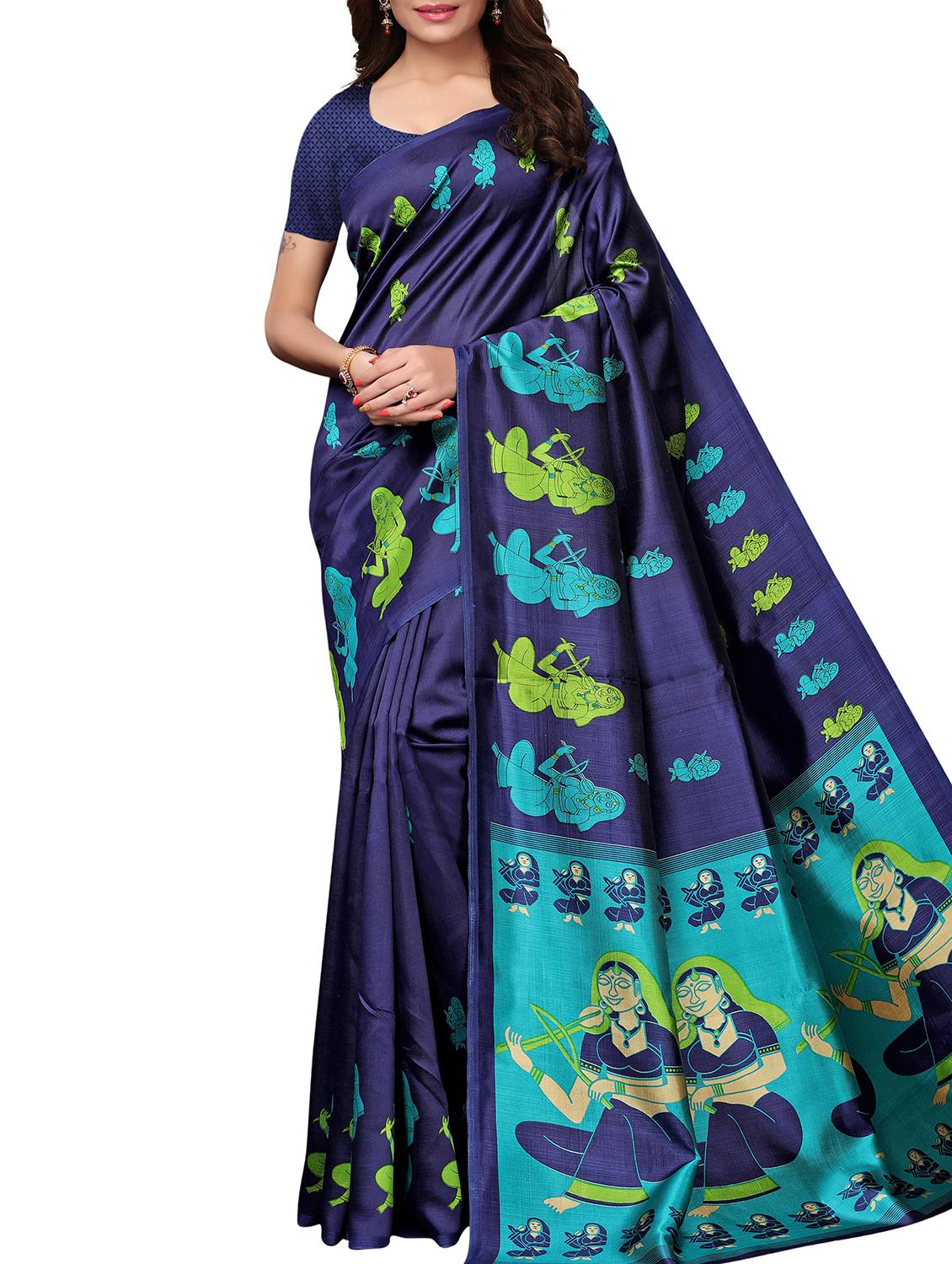 kalamkari navy printed saree with blouse - 15988581 -  Zoom Image - 0