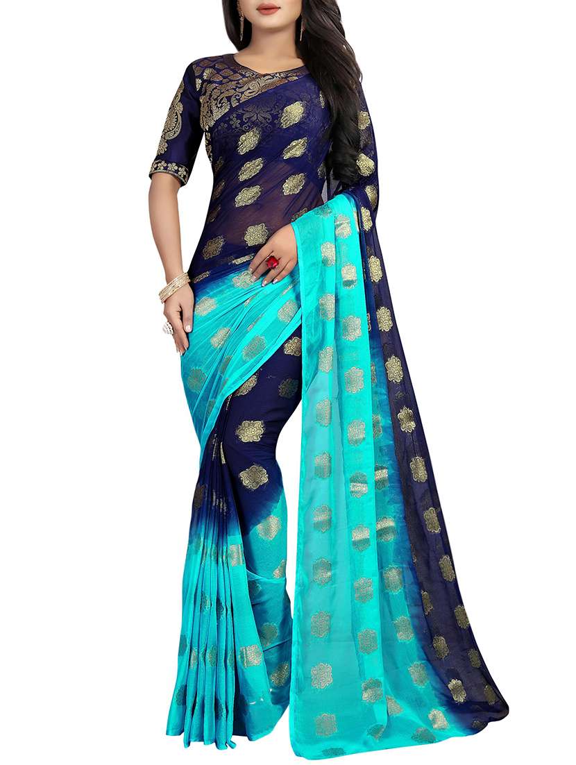 floral zari motif blue woven saree with blouse