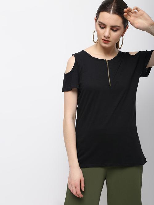 zipper detail cold shoulder top - 15989951 - Standard Image - 0