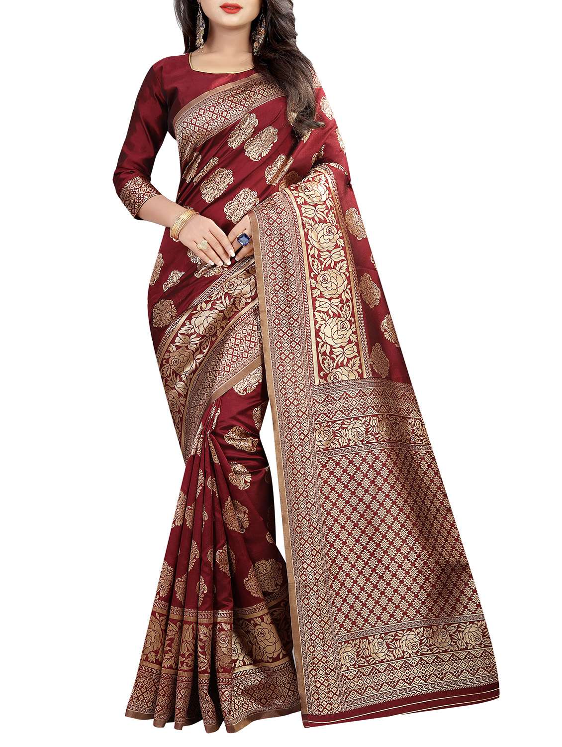 floral zari motif maroon banarasi saree with blouse