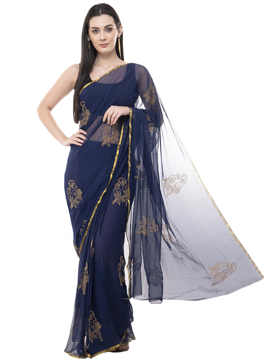 navy blue embellished saree with blouse - 15998101 - Zoom Image - 0
