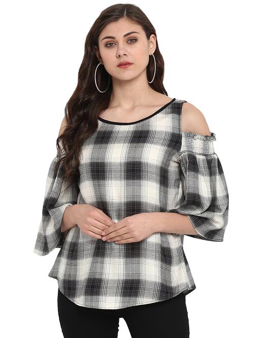 cold shoulder checkered top - 16005238 -  Standard Image - 0