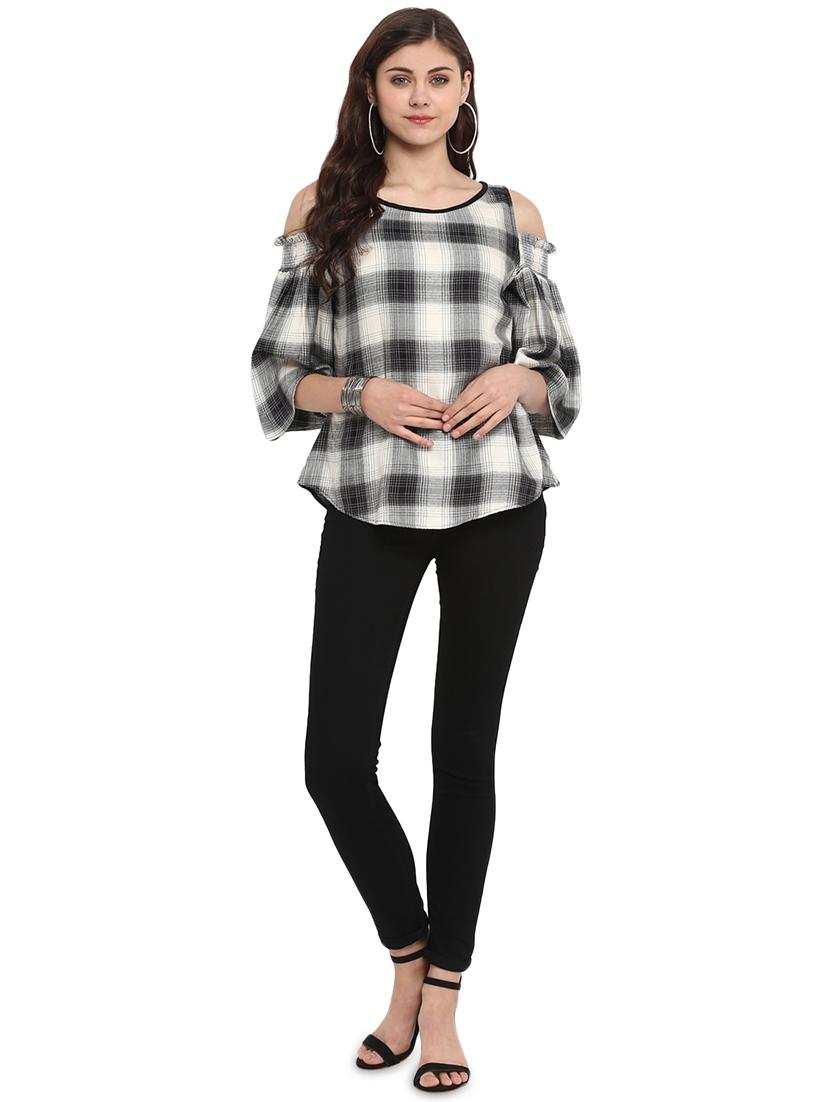 cold shoulder checkered top - 16005238 - Standard Image - 3