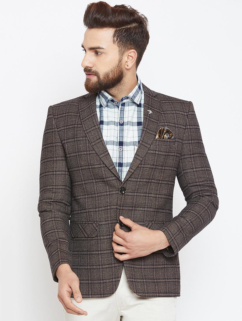 brown checkered single breasted casual blazer - 16005928 -  Zoom Image - 0