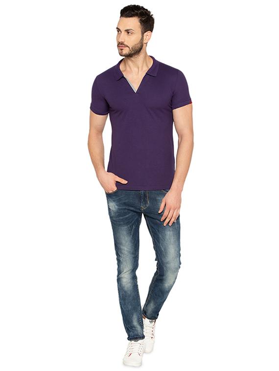 purple solid collared tshirt - 16008055 - Standard Image - 3