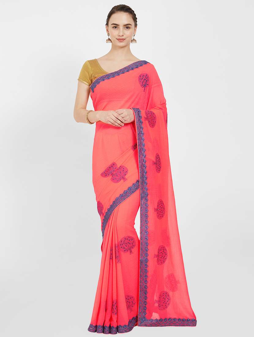 lace border peach embroidered saree with blouse - 16011036 - Zoom Image - 0