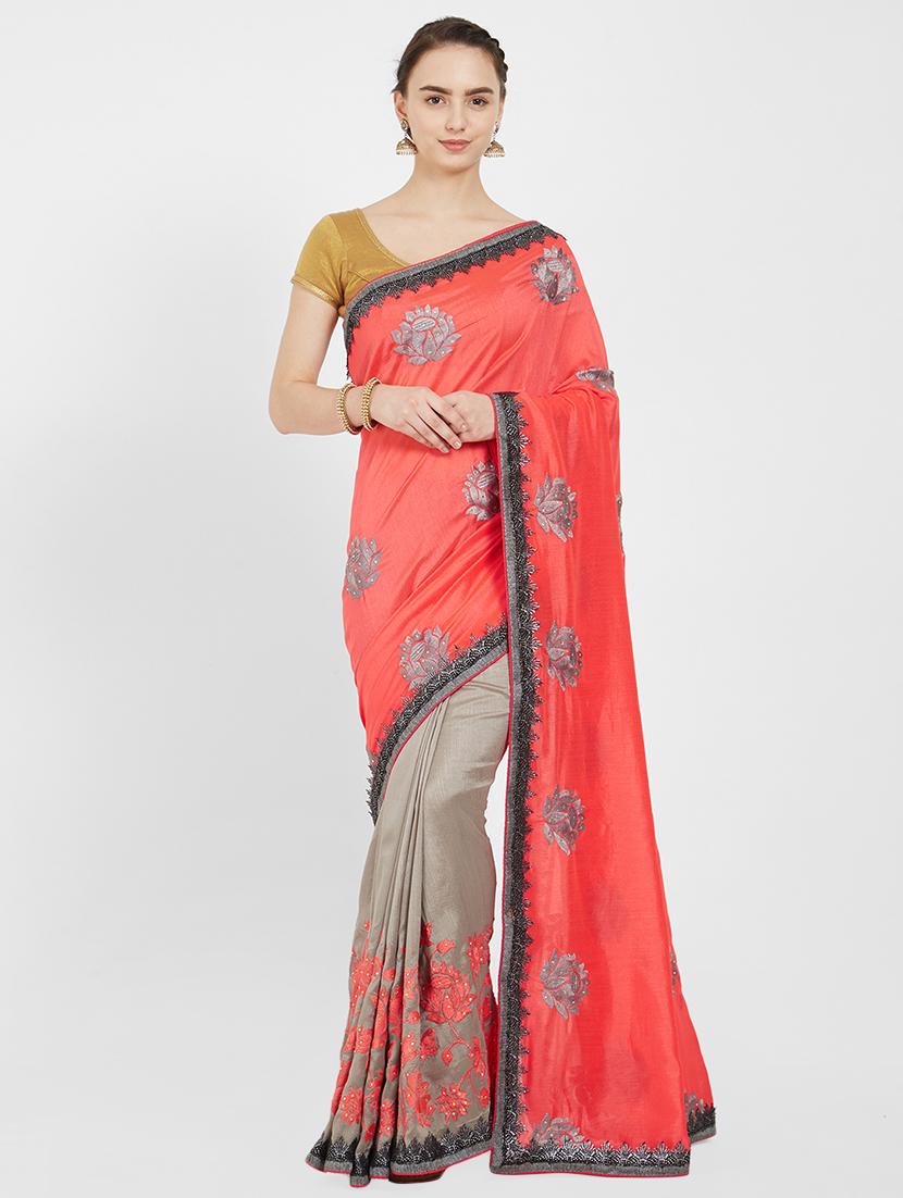 floral embroidered half & half saree with blouse - 16011041 - Zoom Image - 0