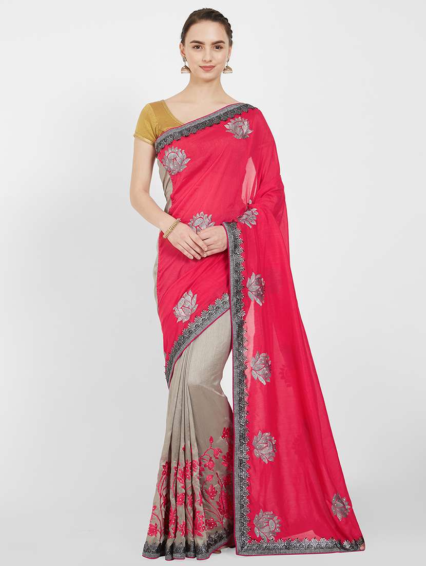 floral embroidered half & half saree with blouse - 16011042 - Zoom Image - 0