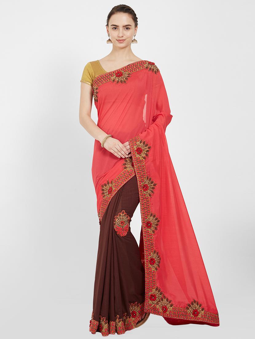 floral embroidered half & half saree with blouse - 16011046 - Zoom Image - 0