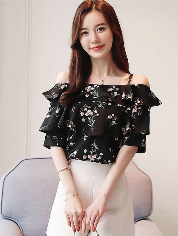 cold shoulder floral ruffle top