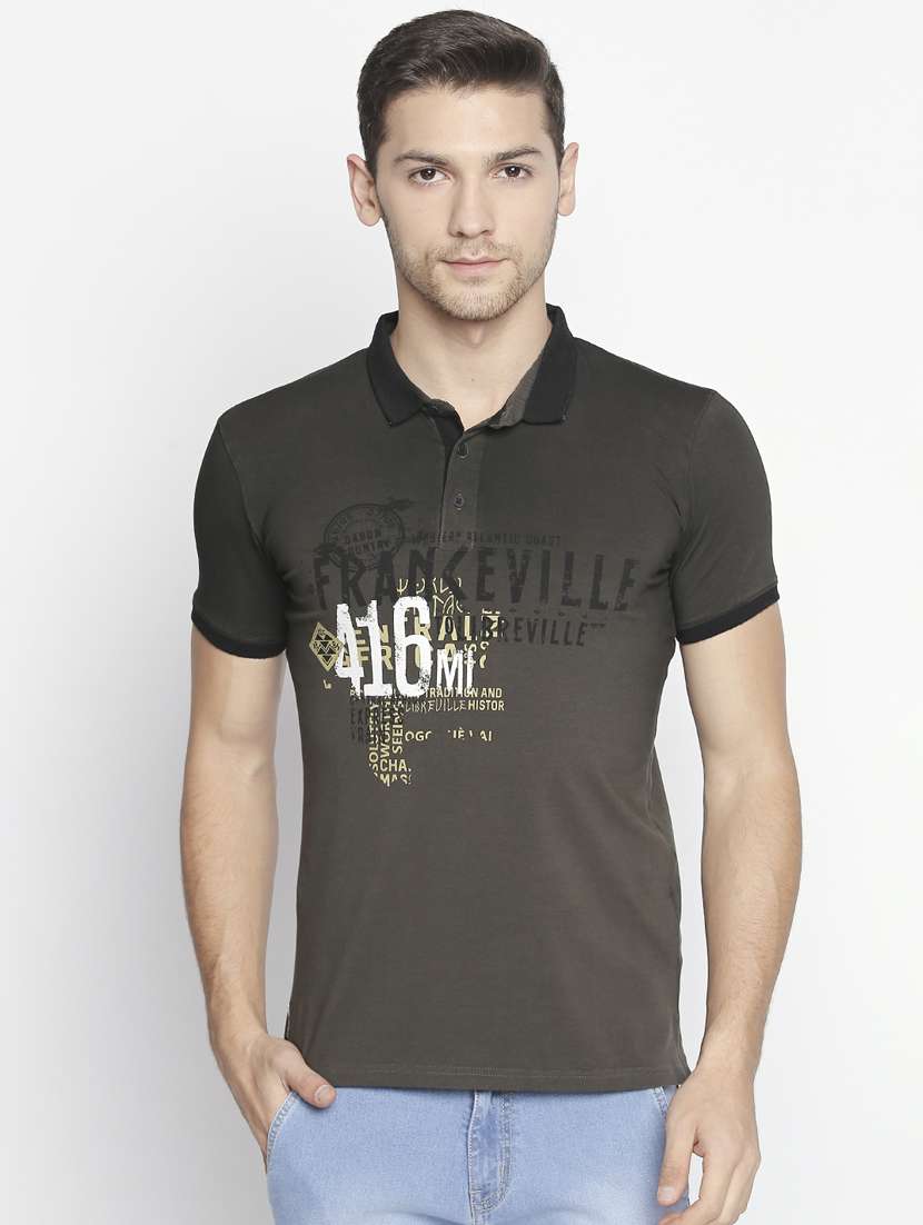 olive green typographic chest print t-shirt - 16021517 - Zoom Image - 0