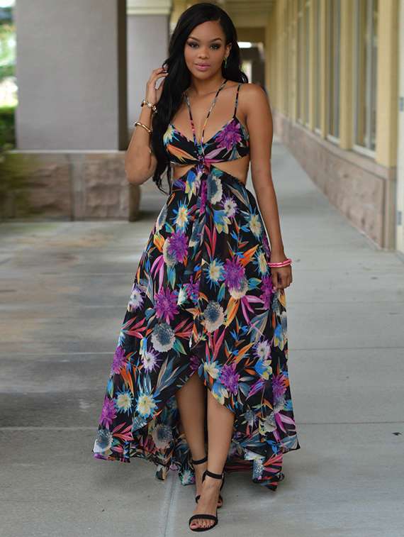 cut out floral high low dress