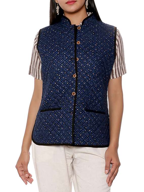 Buy online Navy Blue Printed Ethnic Jacket from shrugs Jackets