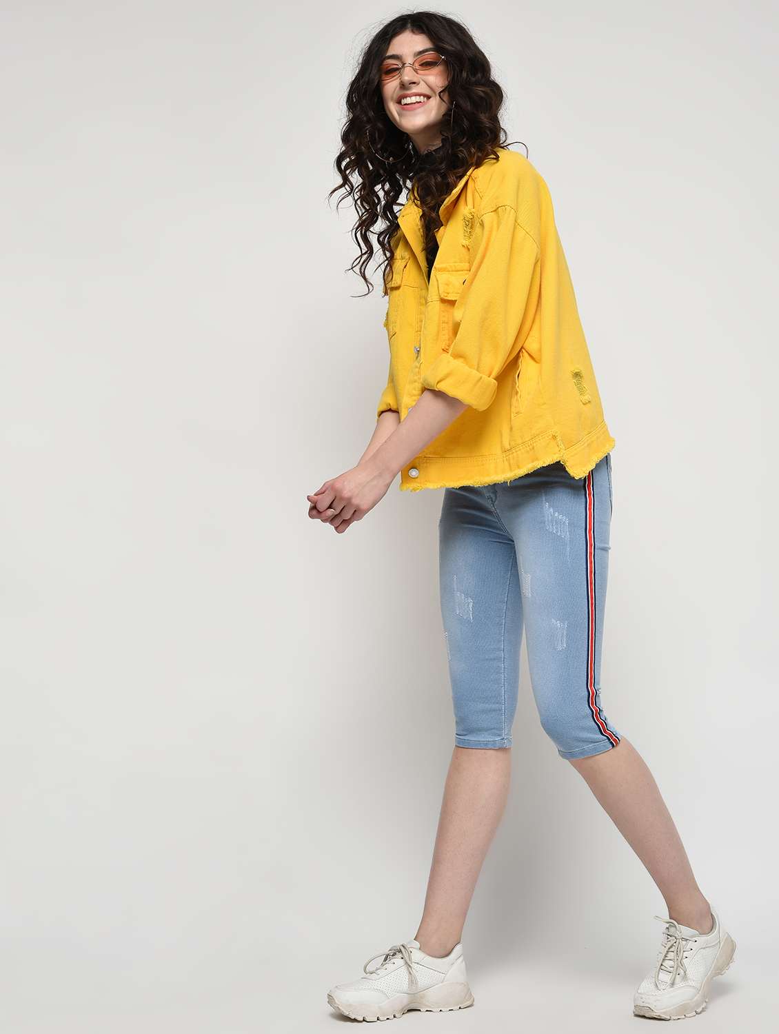 side taped distressed capri