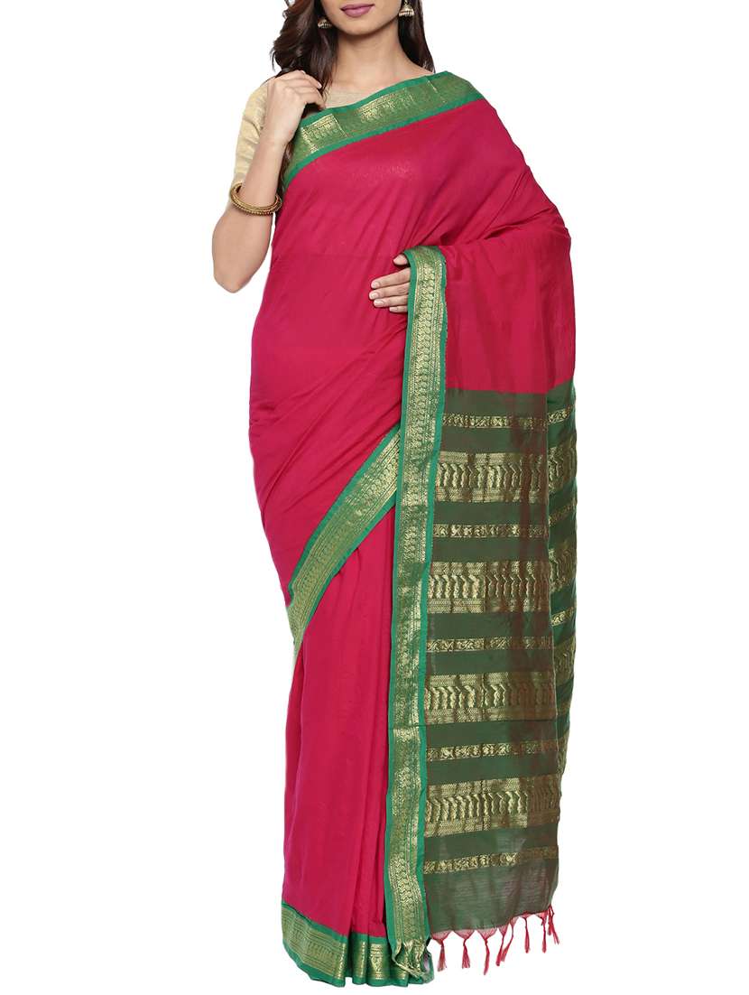 contrast zari border handloom saree with blouse