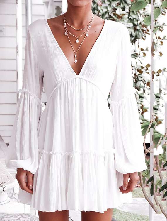 plunge neck ruffle trim empire line dress