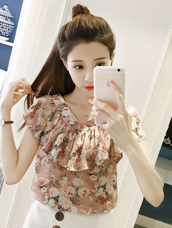 criss cross detail floral ruffle top