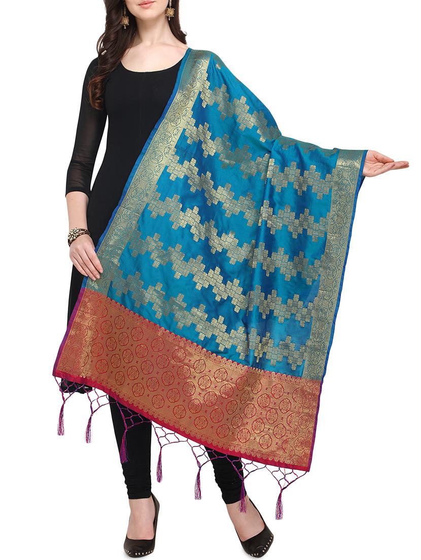 silk blend banarasi dupatta with fringes - 16046075 - Zoom Image - 0