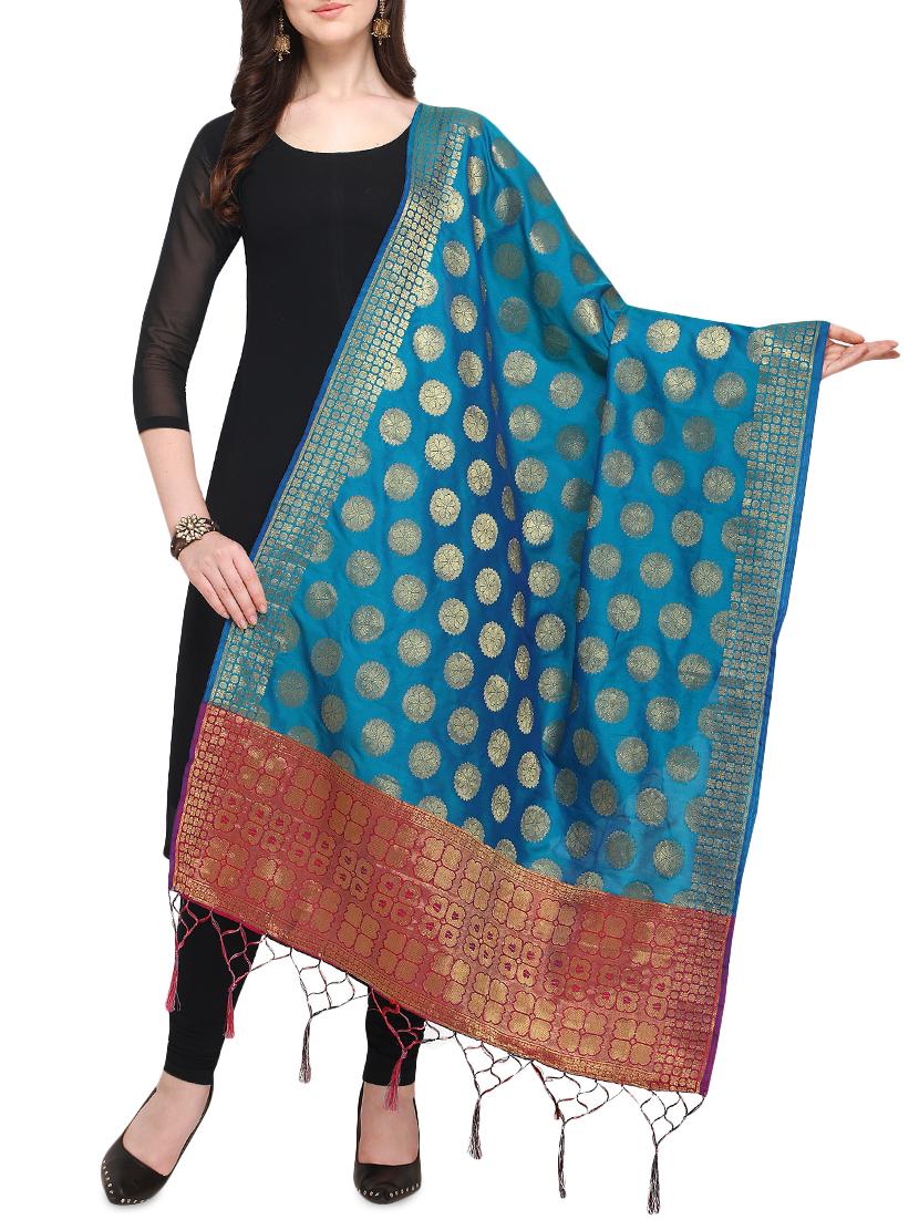 silk blend banarasi dupatta with fringes - 16046081 - Zoom Image - 0