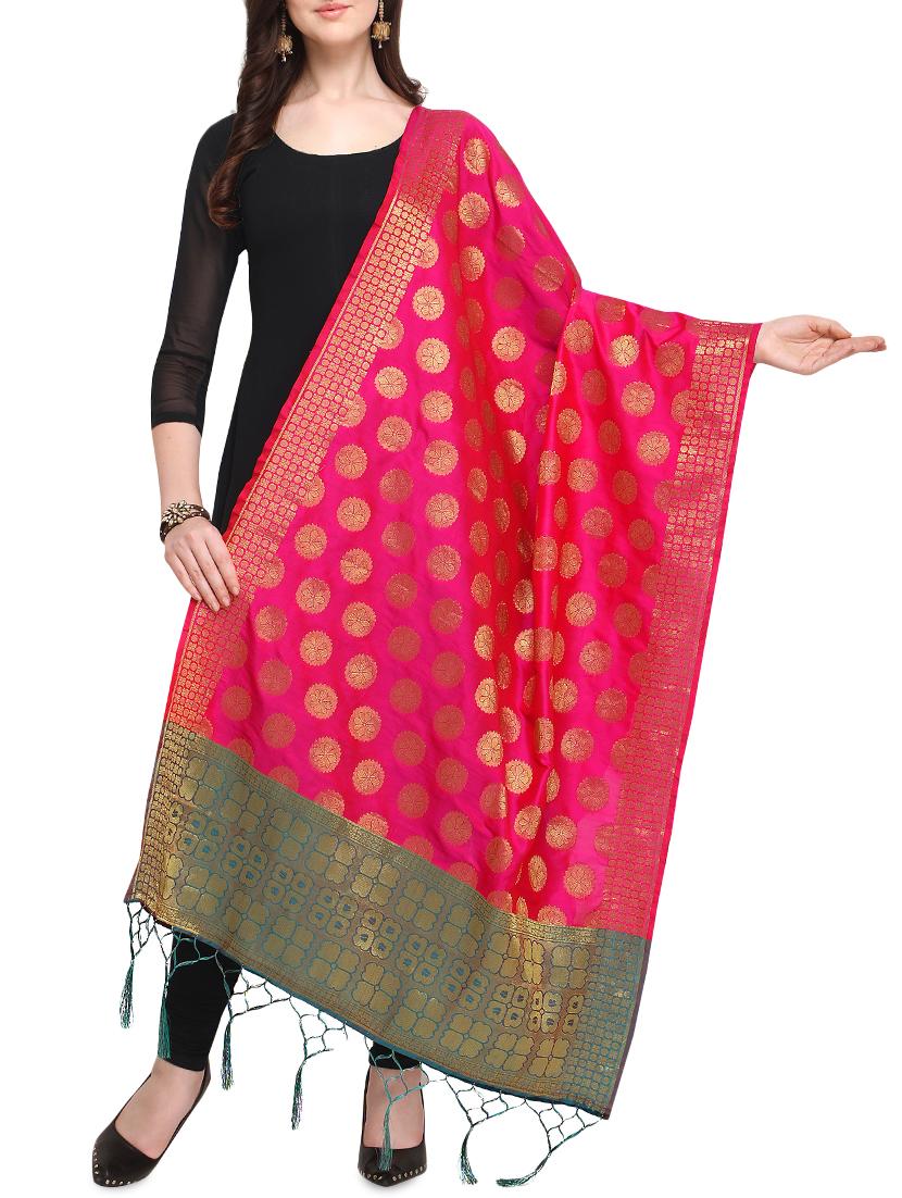silk blend banarasi dupatta with fringes - 16046085 - Zoom Image - 0