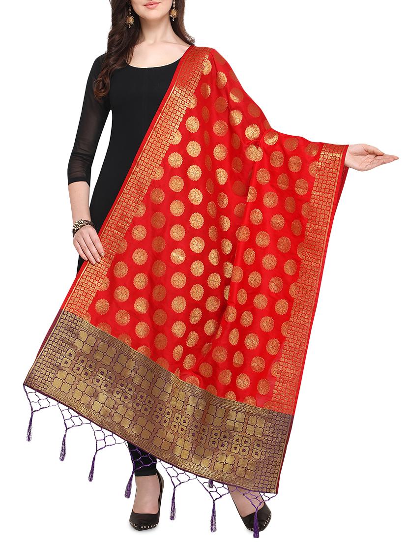 silk blend banarasi dupatta with fringes  - 16046086 -  Zoom Image - 0
