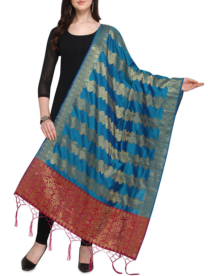 silk blend banarasi dupatta with fringes - 16046087 - Zoom Image - 0