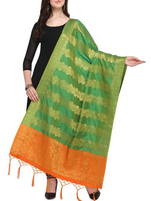 green banarasi dupatta with fringes  - 16046088 -  Standard Image - 0