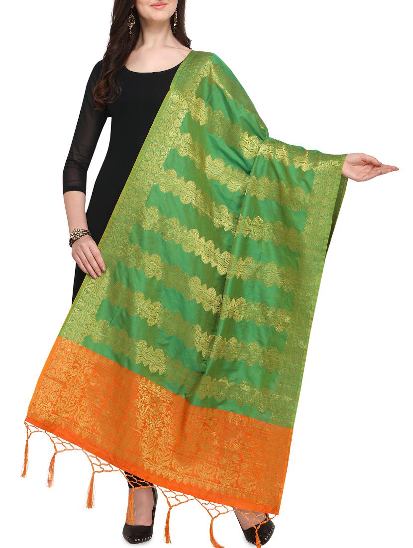 green banarasi dupatta with fringes  - 16046088 -  Zoom Image - 0