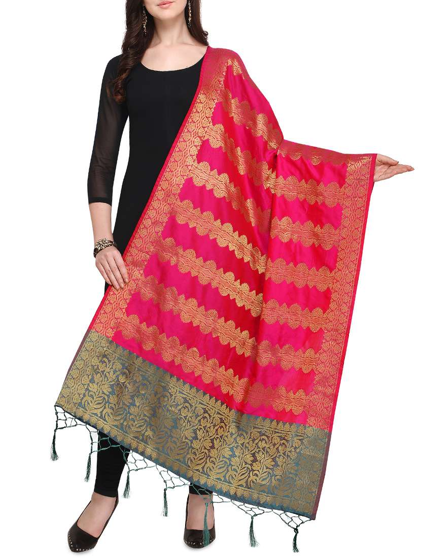 silk blend banarasi dupatta with fringes - 16046091 - Zoom Image - 0