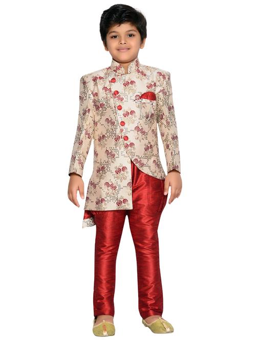 red polyester sherwani set - 16046218 - Standard Image - 0