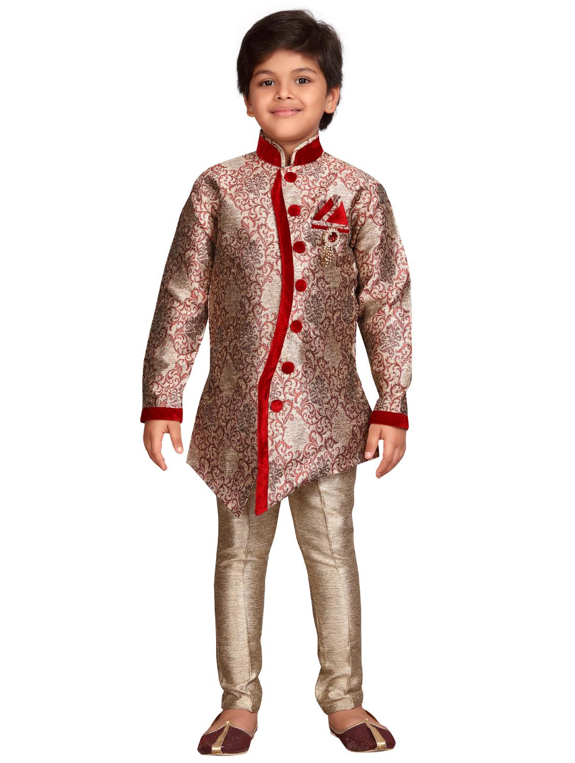 red silk blend sherwani set - 16047150 -  Zoom Image - 0