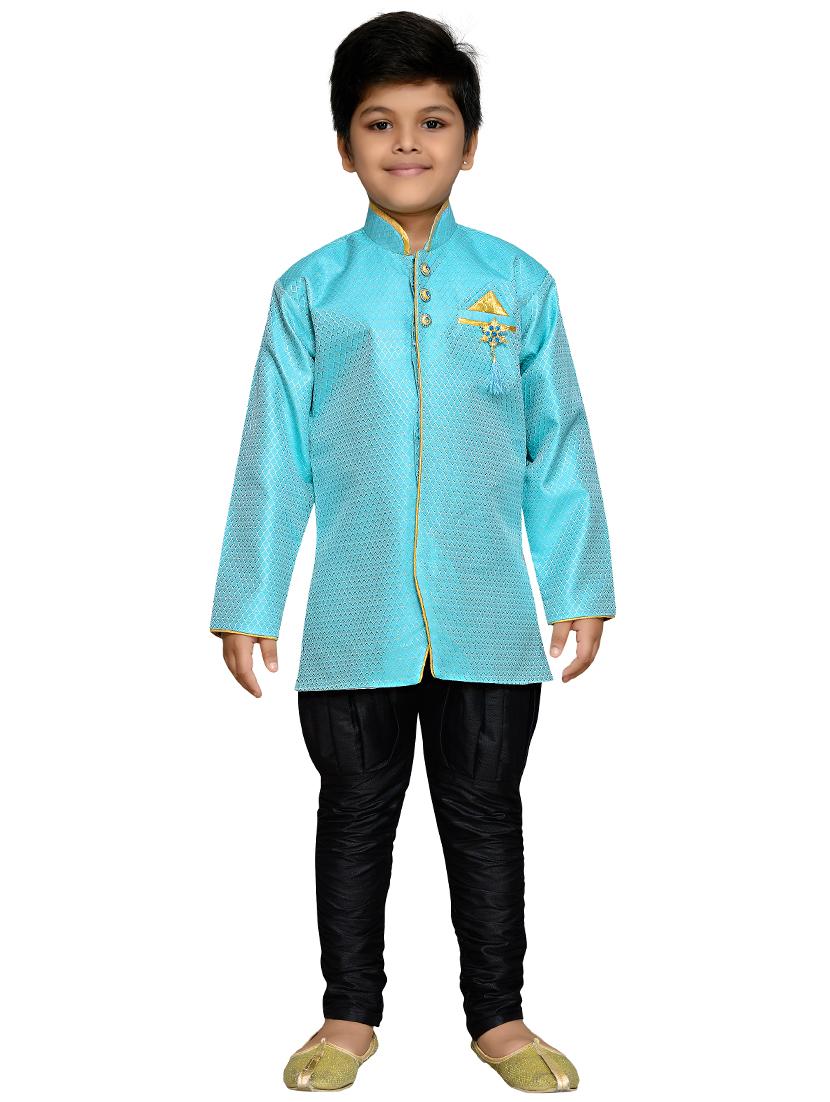 light blue silk blend sherwani set - 16047653 - Zoom Image - 0