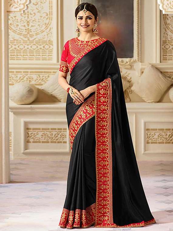 contrast embroidered border saree with blouse