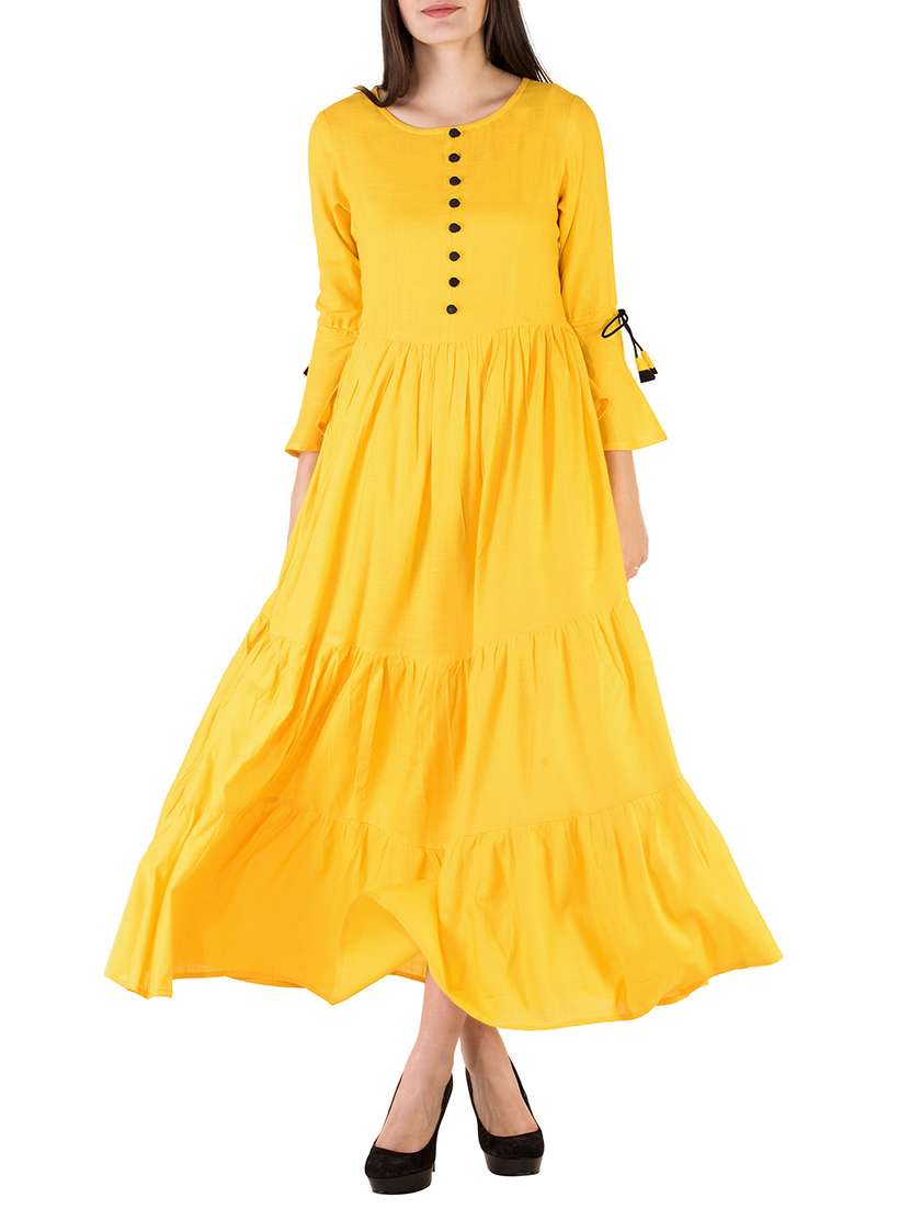 yellow solid tiered kurta
