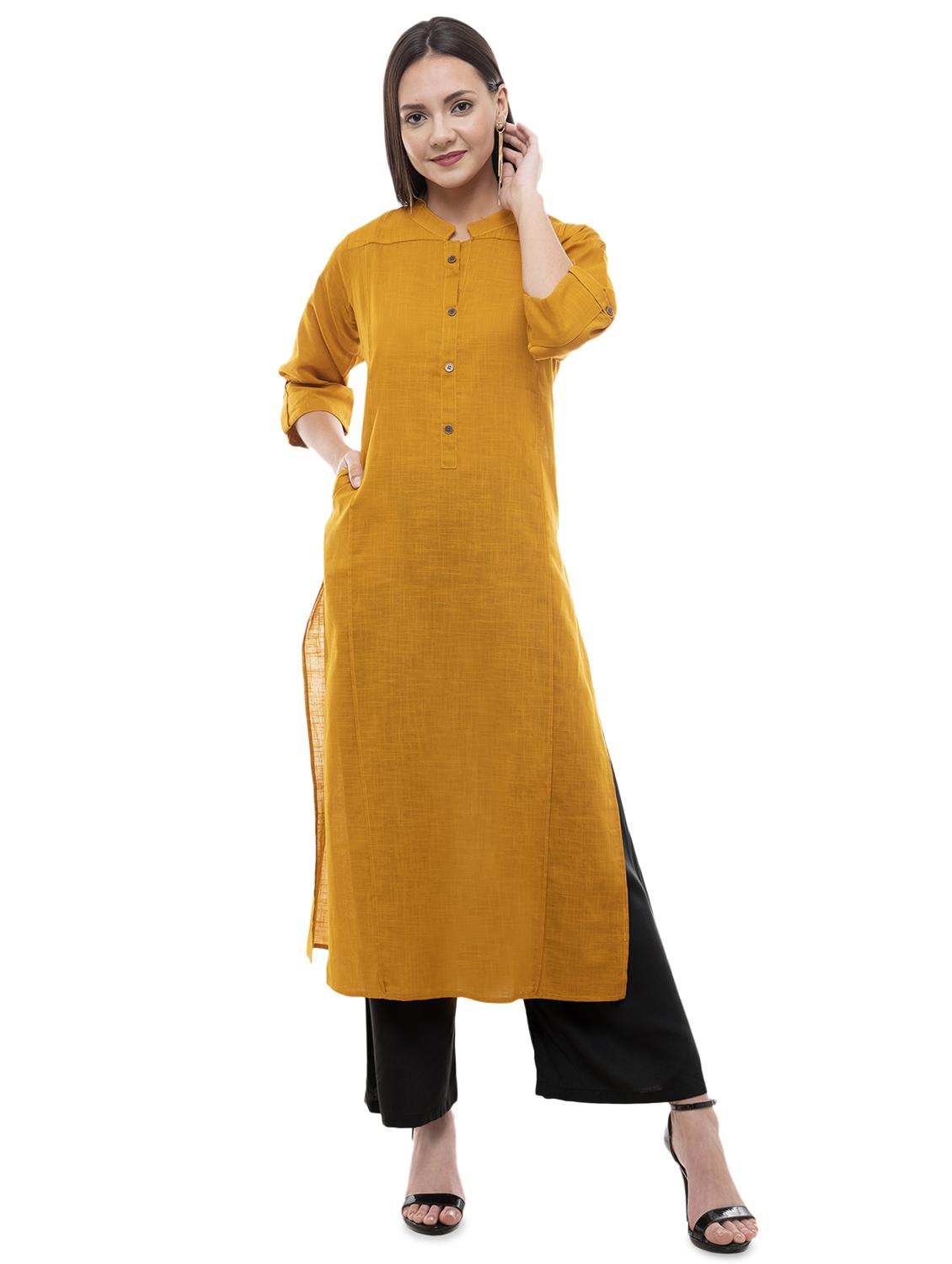 mustard solid straight kurta - 16062624 - Zoom Image - 0