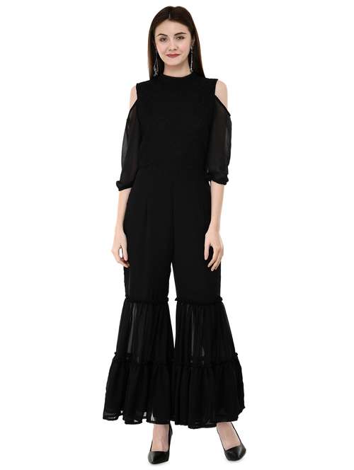 lace panel flared leg jumpsuit